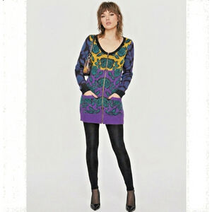 Betsey Johnson Vintage Multi Print Roses Tunic Cardigan Sweater Dress Y2K Sz S